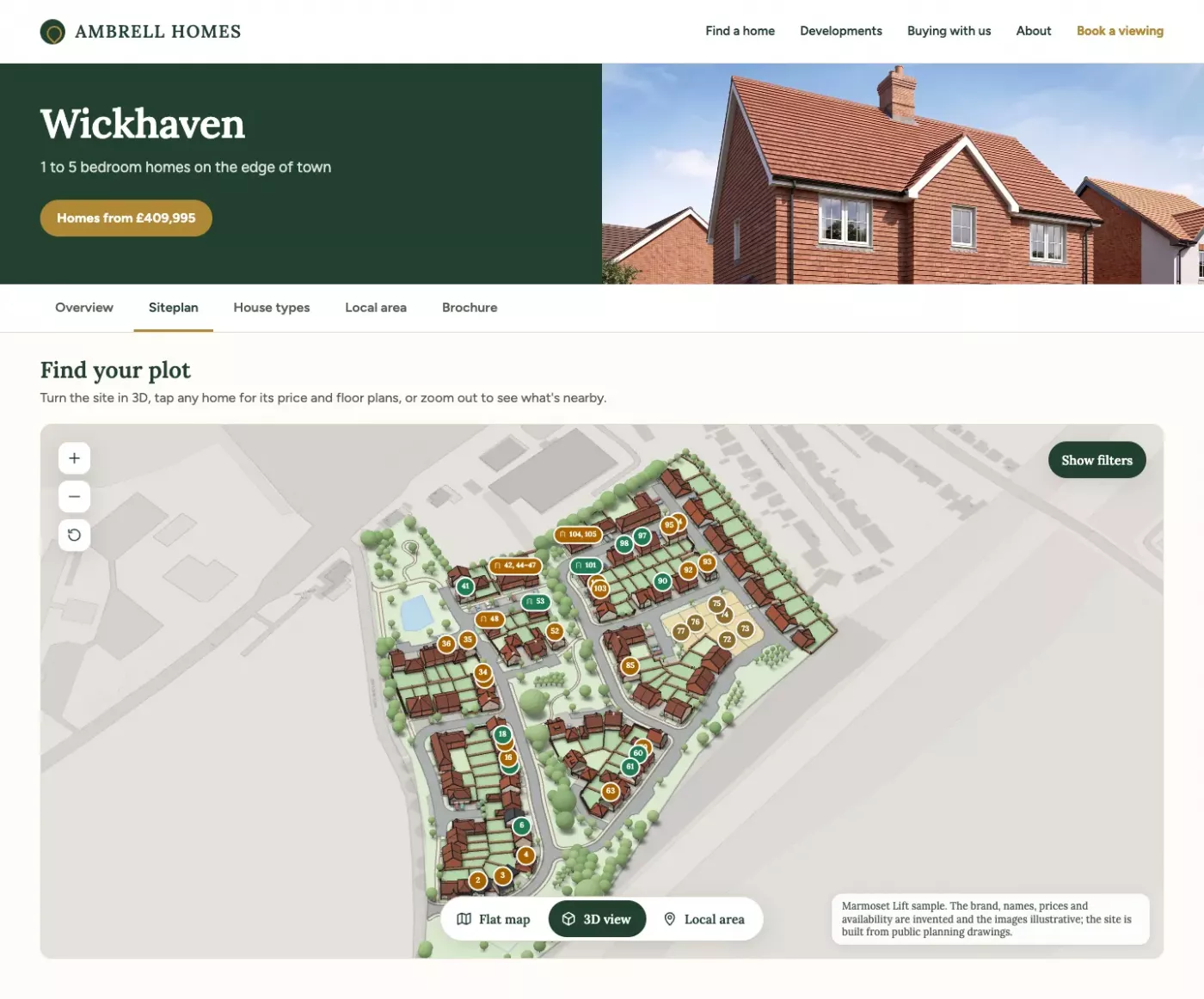 A mock-up of a made-up developer’s page, with Lift where the plan would be.